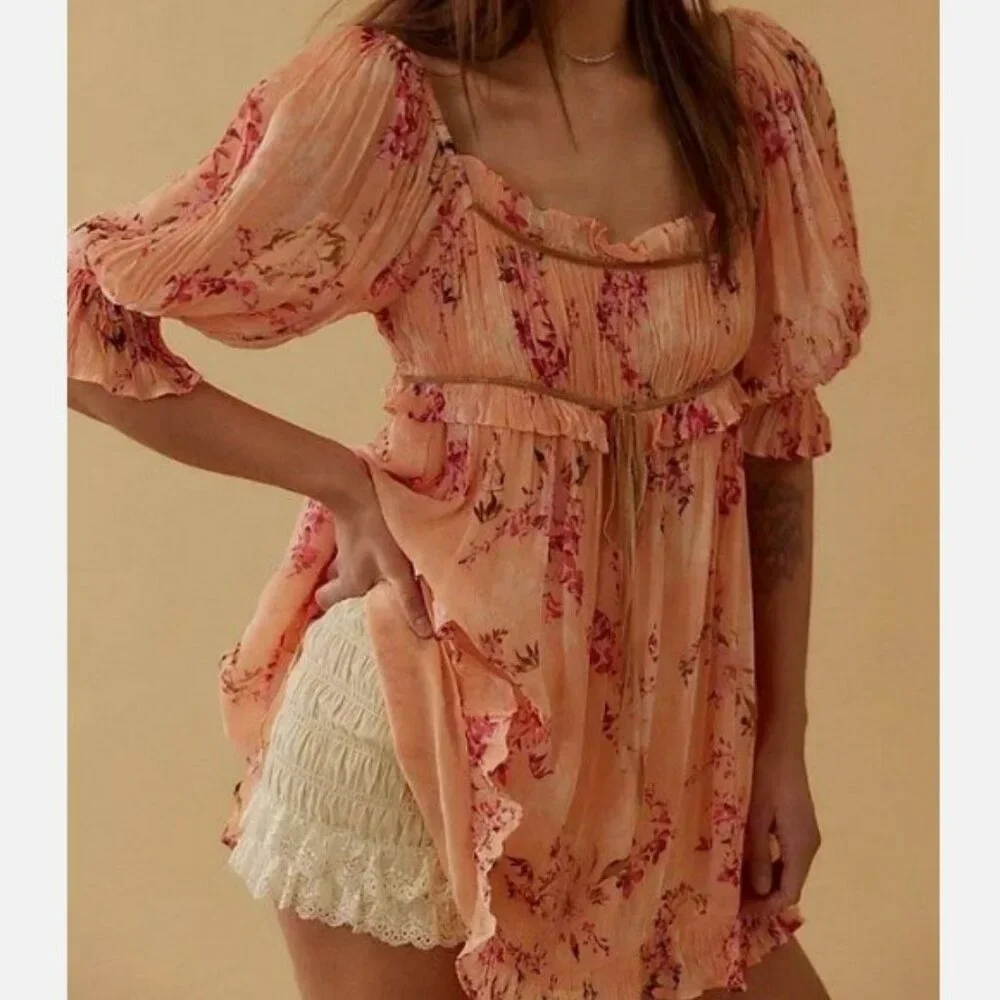 Free People Marney Square Neck Puff Sleeve Floral Printed Babydoll‎ Dress Size S